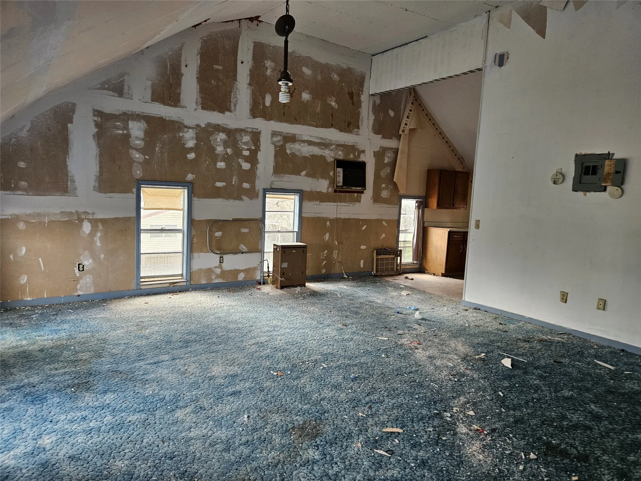 Misc room with lofted ceiling and a garage