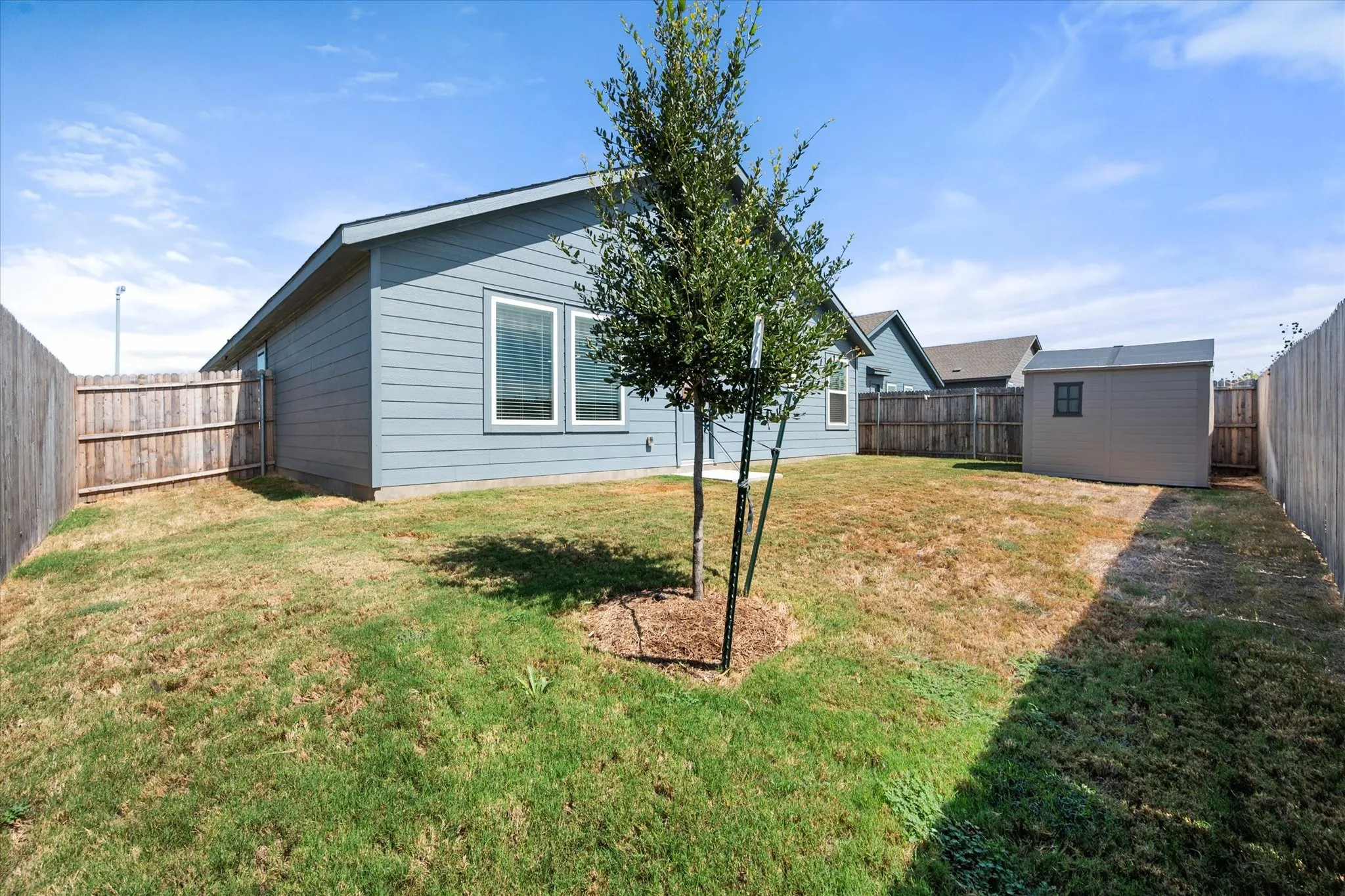 Fenced backyard with a storage shed, featuring a young tree and a partial view of the home's exterior