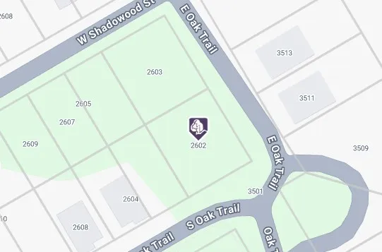 Property Map. Displaying parcel 2602 with surrounding properties and street names including W Shadowood Street, E Oak Trail, and S Oak Trail