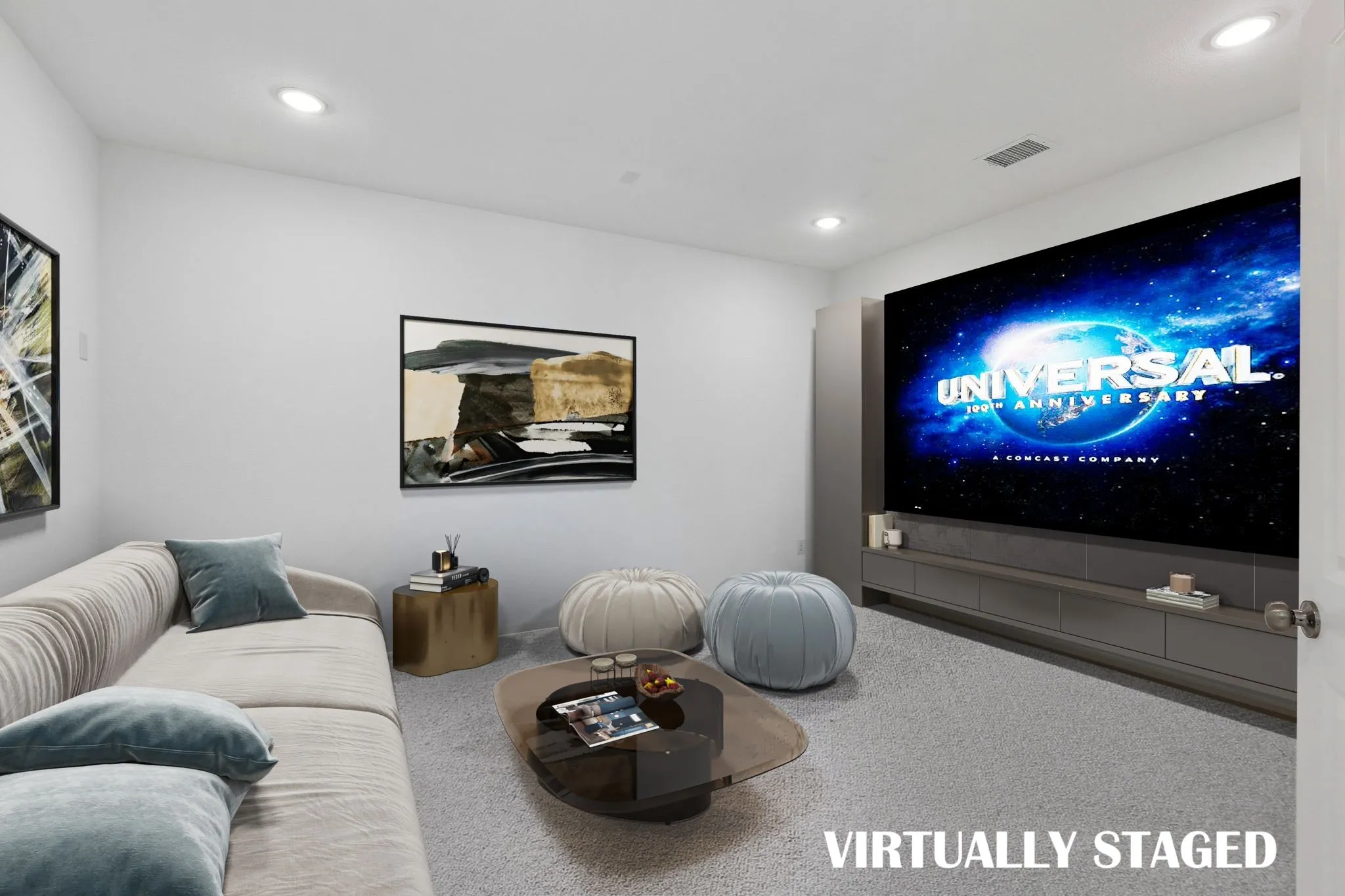 This spacious media room paired with adjacent game room create the ultimate family entertainment zone!  VIRTUALLY STAGED