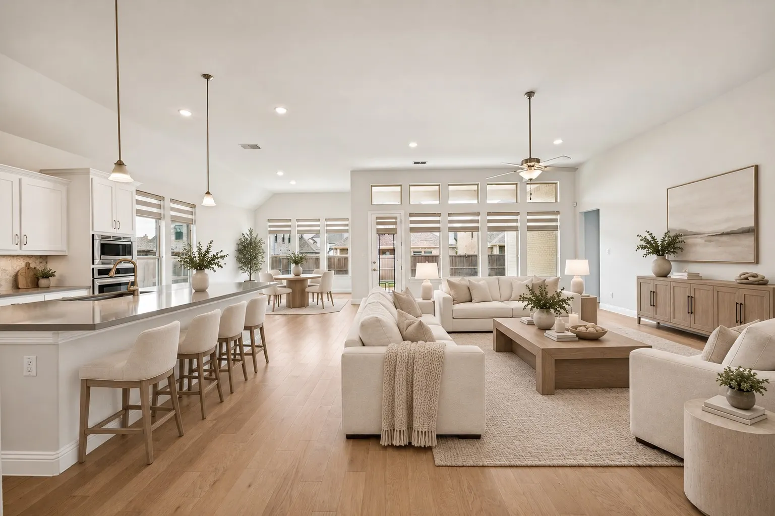 Virtually staged living and dining.