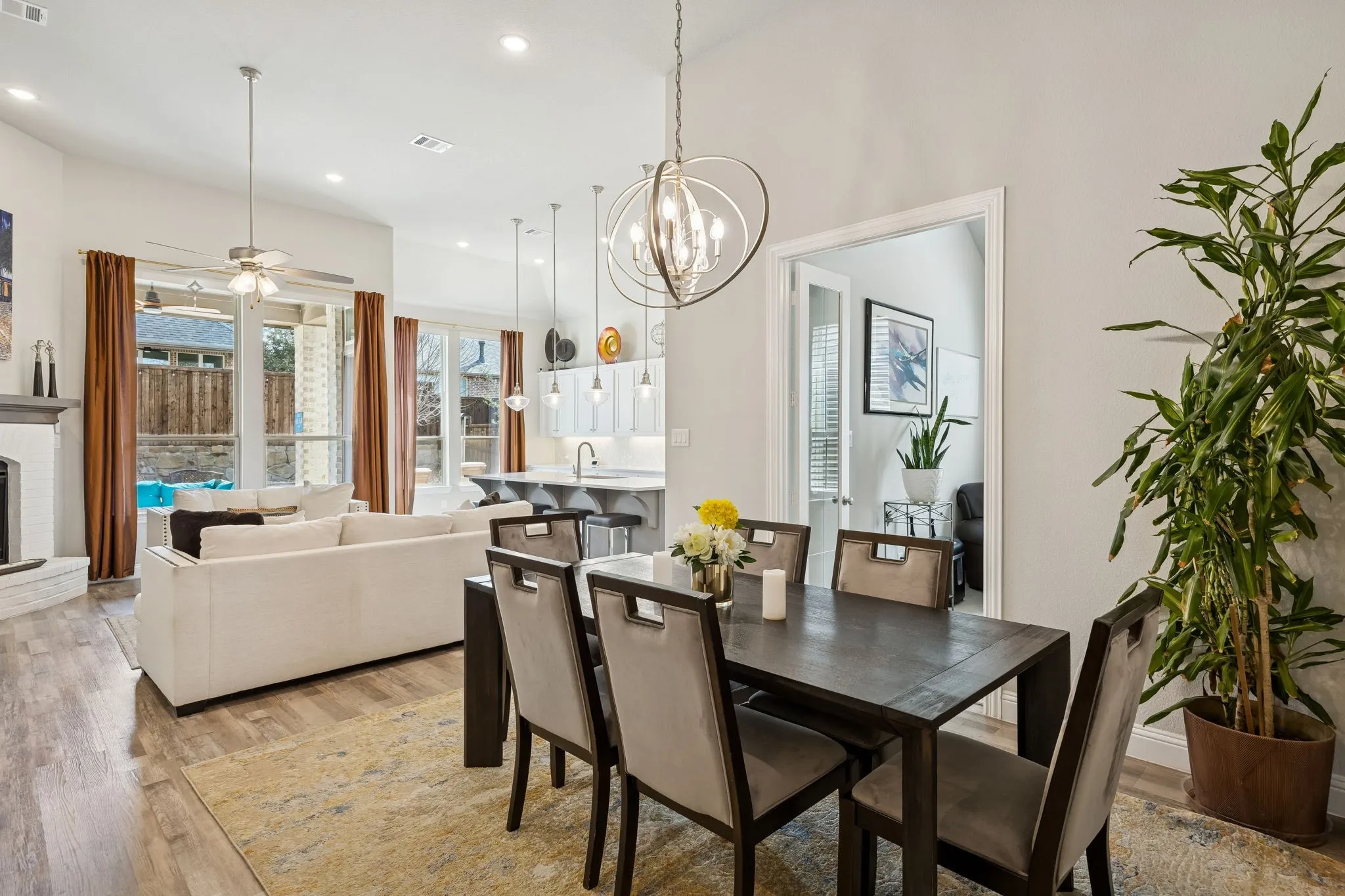 Formal dining with view of family room