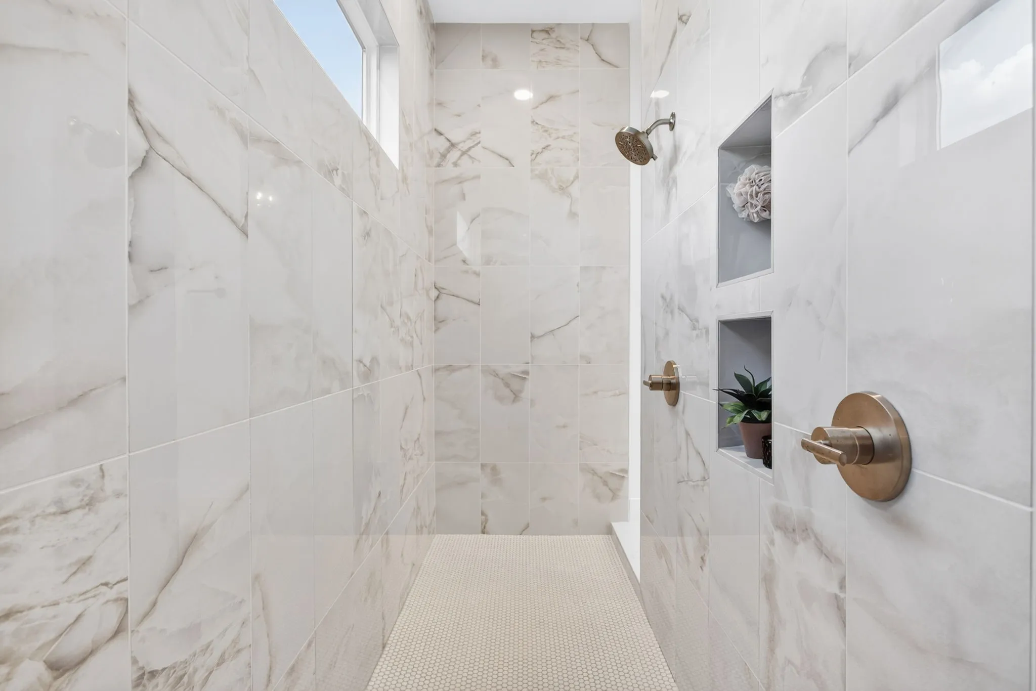 This walk-through shower with dual shower heads and ample niche space...gorgeous.