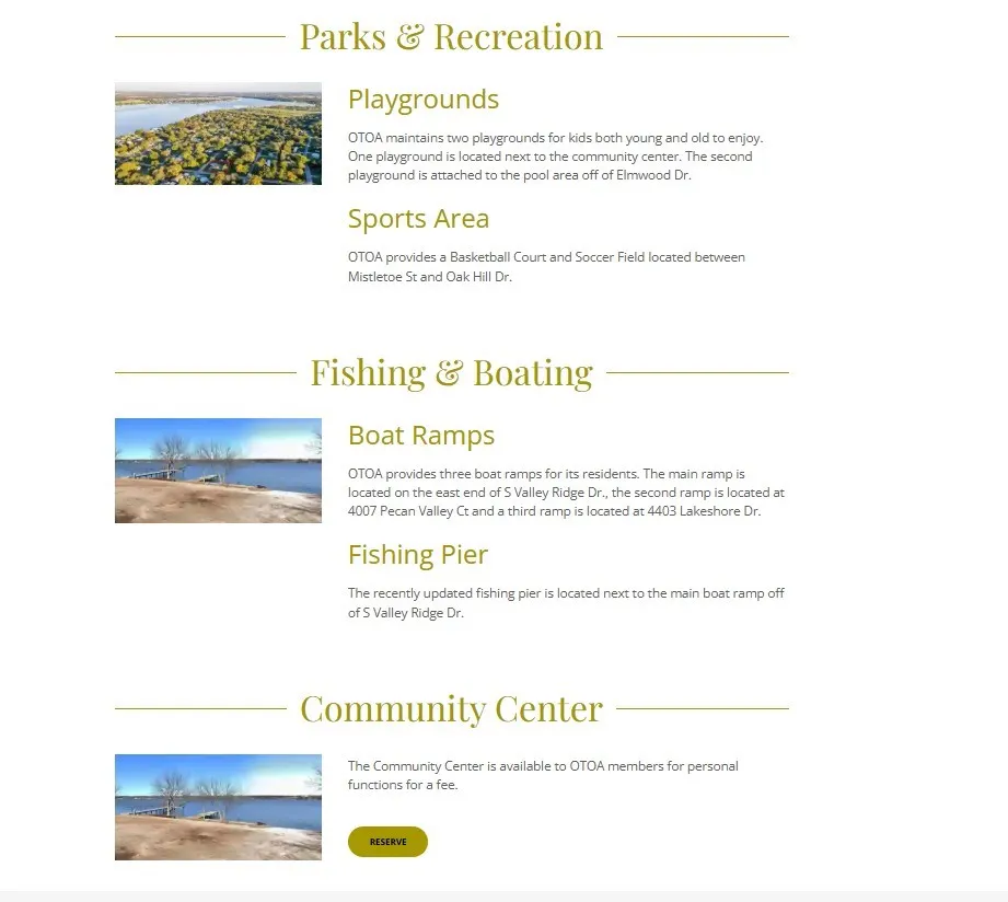 Community Amenities Document, Recreational Facilities Overview. Detailing available parks, sports areas, fishing and boating access, and community center information for the property