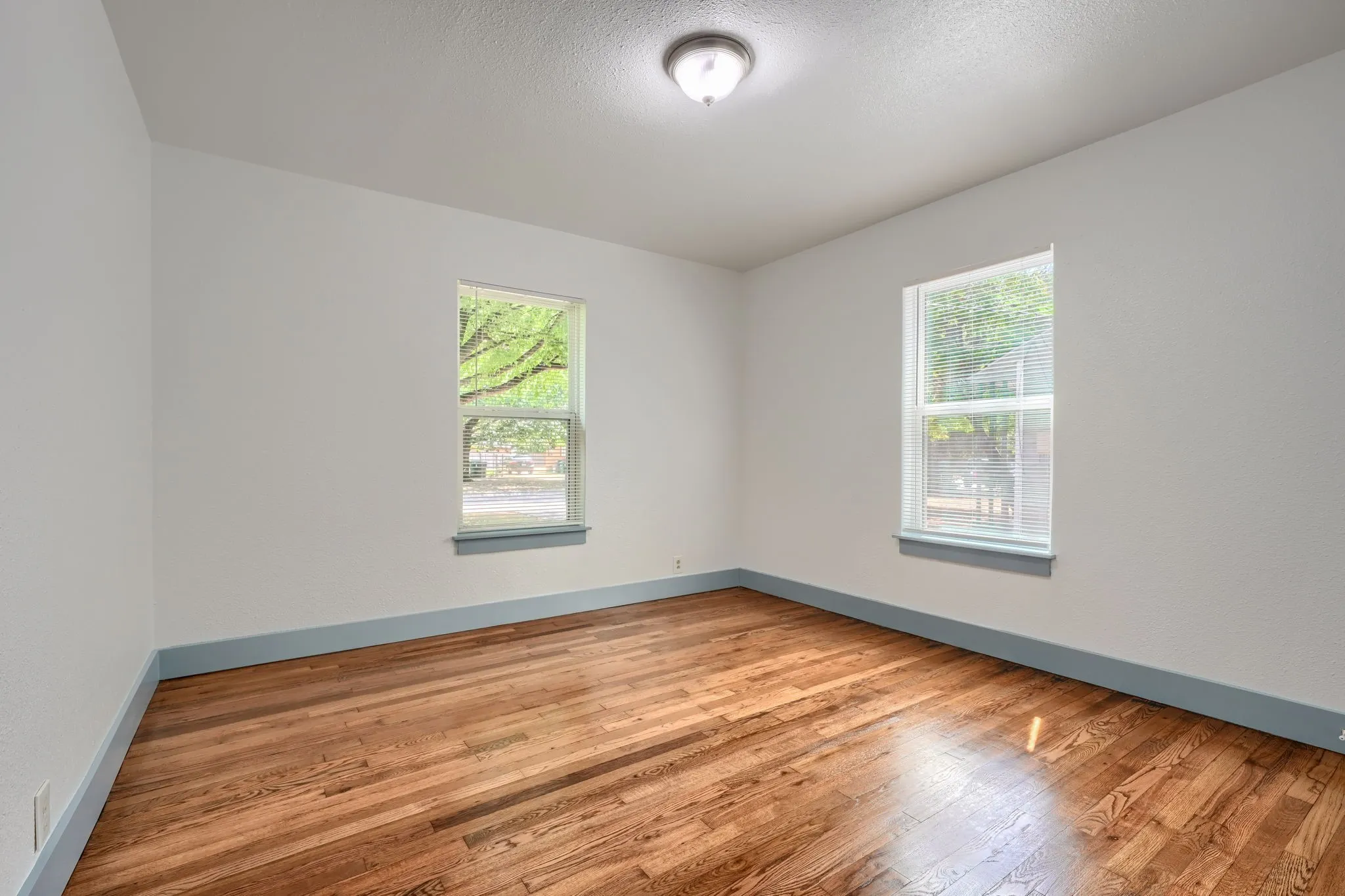 White wall finishes, hardwood flooring, and two window openings