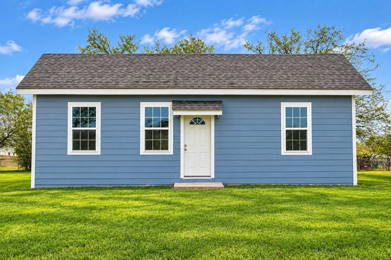 Gable roofline, blue horizontal siding, white trim, multiple vertical windows, and a white front entry door with an arched window