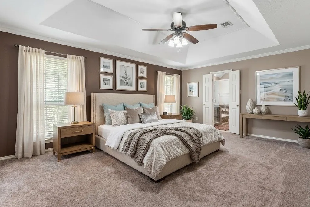 Tray ceiling with a ceiling fan, neutral carpet flooring, and a double-door entry to an adjacent room