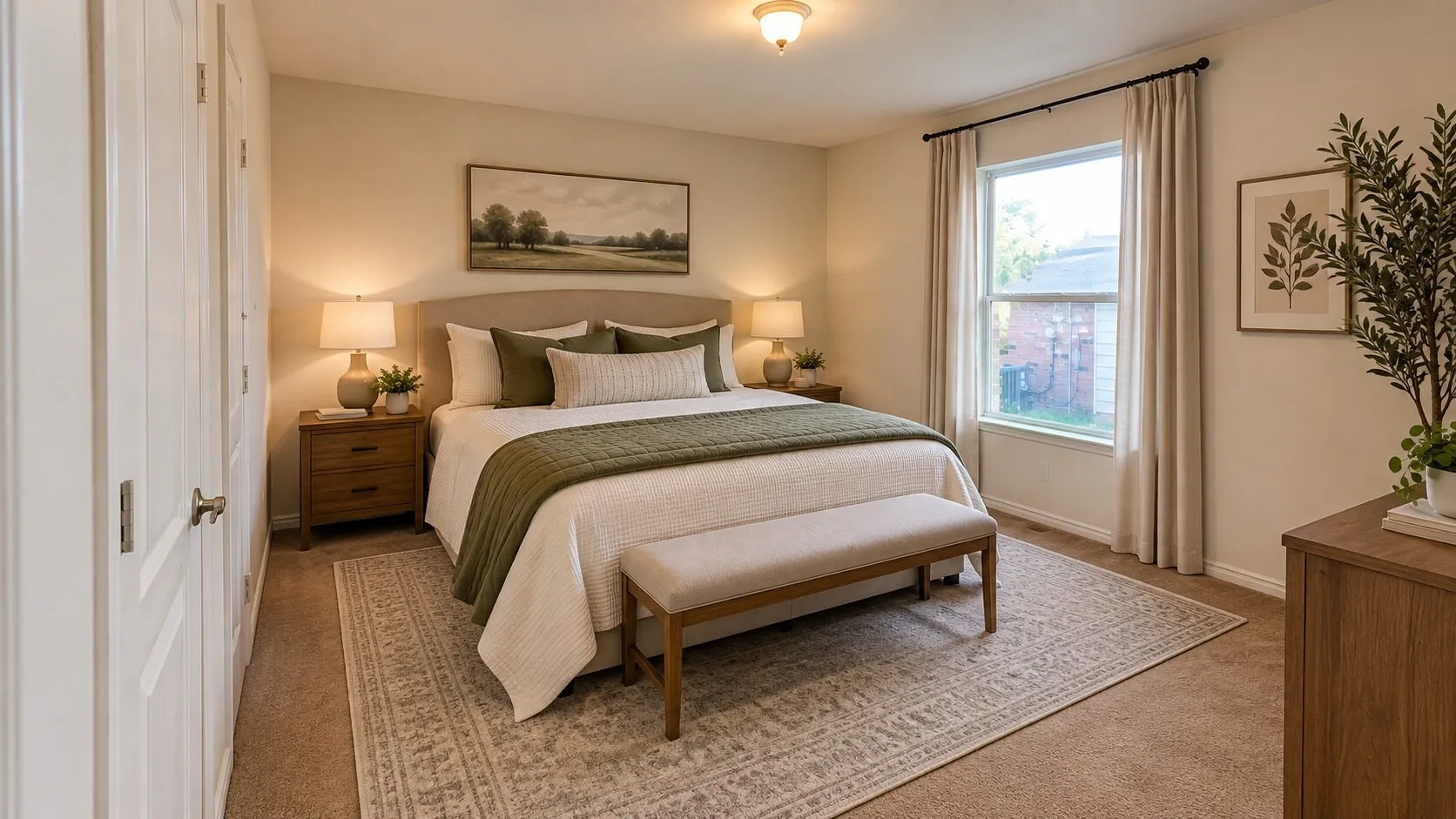 Wall-to-wall carpeting and a single window with curtain rods