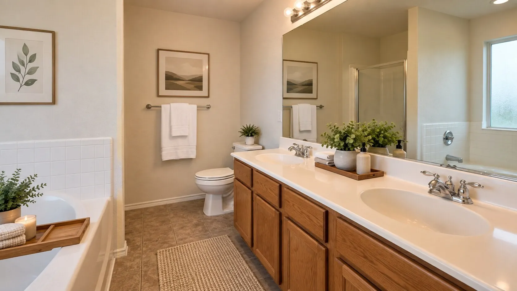Dual sink vanity with wood-finish cabinetry, tile flooring, built-in bathtub, and an integrated shower