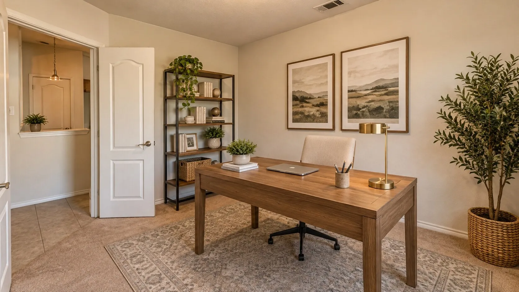 Carpeted room with a solid core door, recessed lighting, and a built-in shelf unit