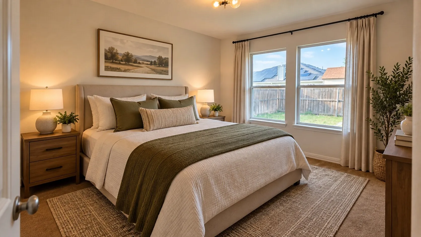 Bedroom featuring a neutral wall color, two large windows, and a ceiling-mounted light fixture