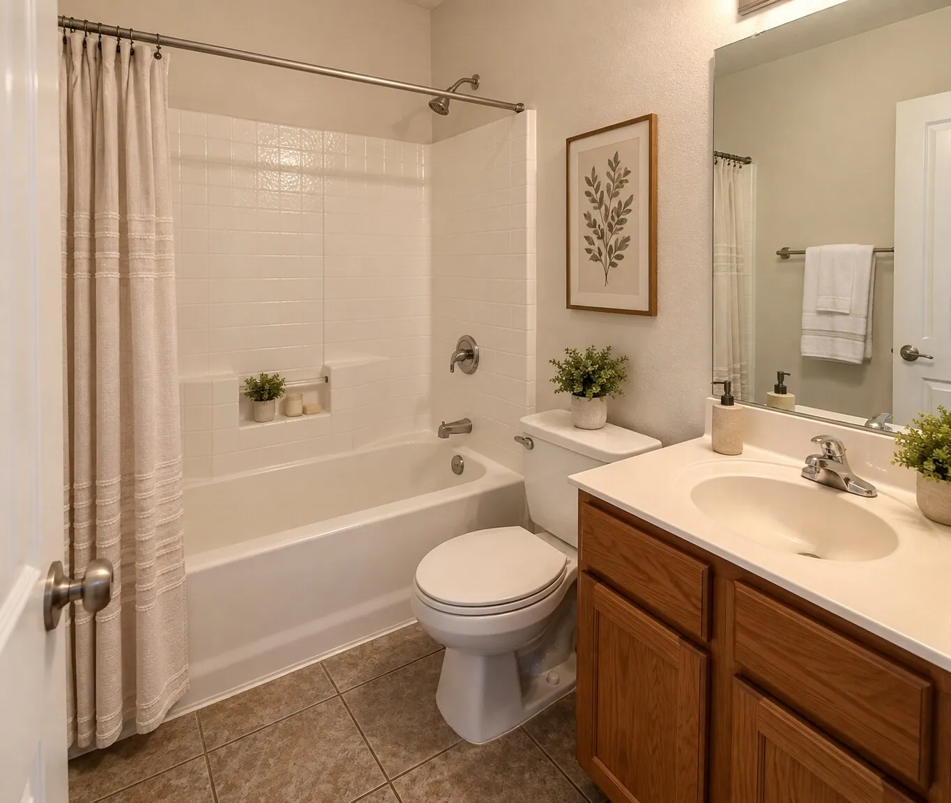 Tiled flooring with a white bathtub and shower surround