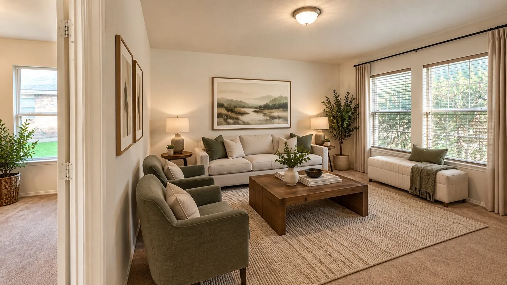 Bright living area featuring two windows with horizontal blinds, neutral wall paint, and a built-in ceiling light fixture