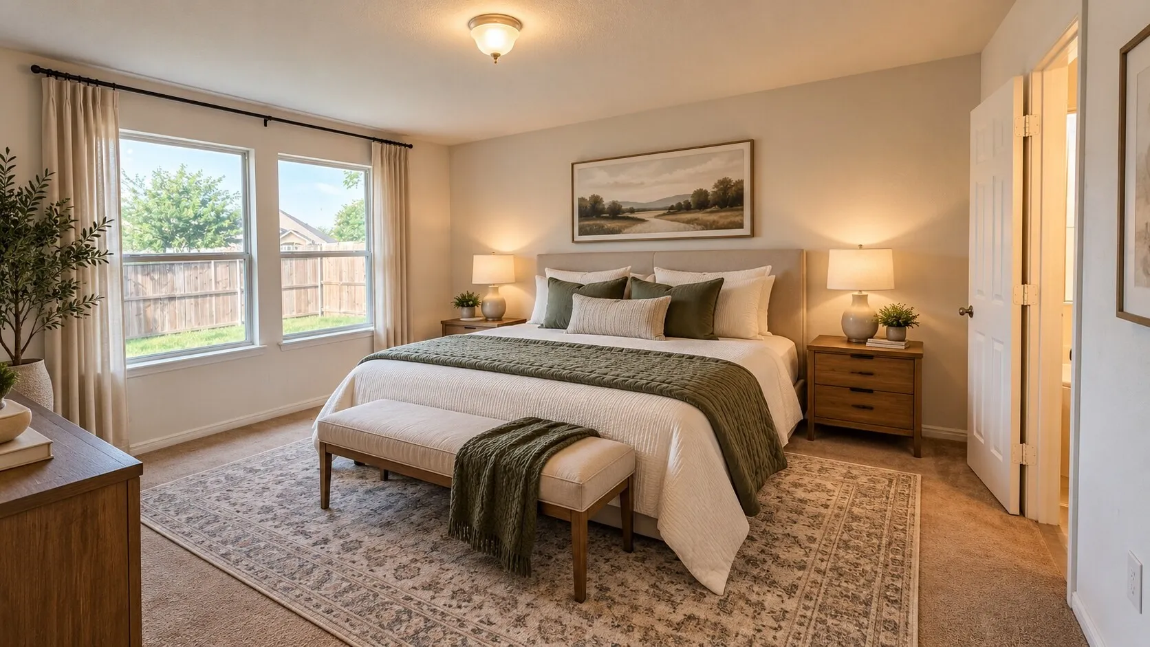 Soft neutral wall paint, carpeted flooring, two large windows, an overhead light fixture, and a white interior door