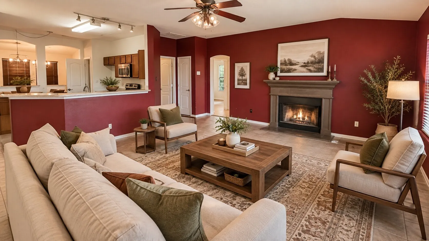 Central fireplace with mantel, ceiling fan, track lighting, arched doorways, and tile flooring