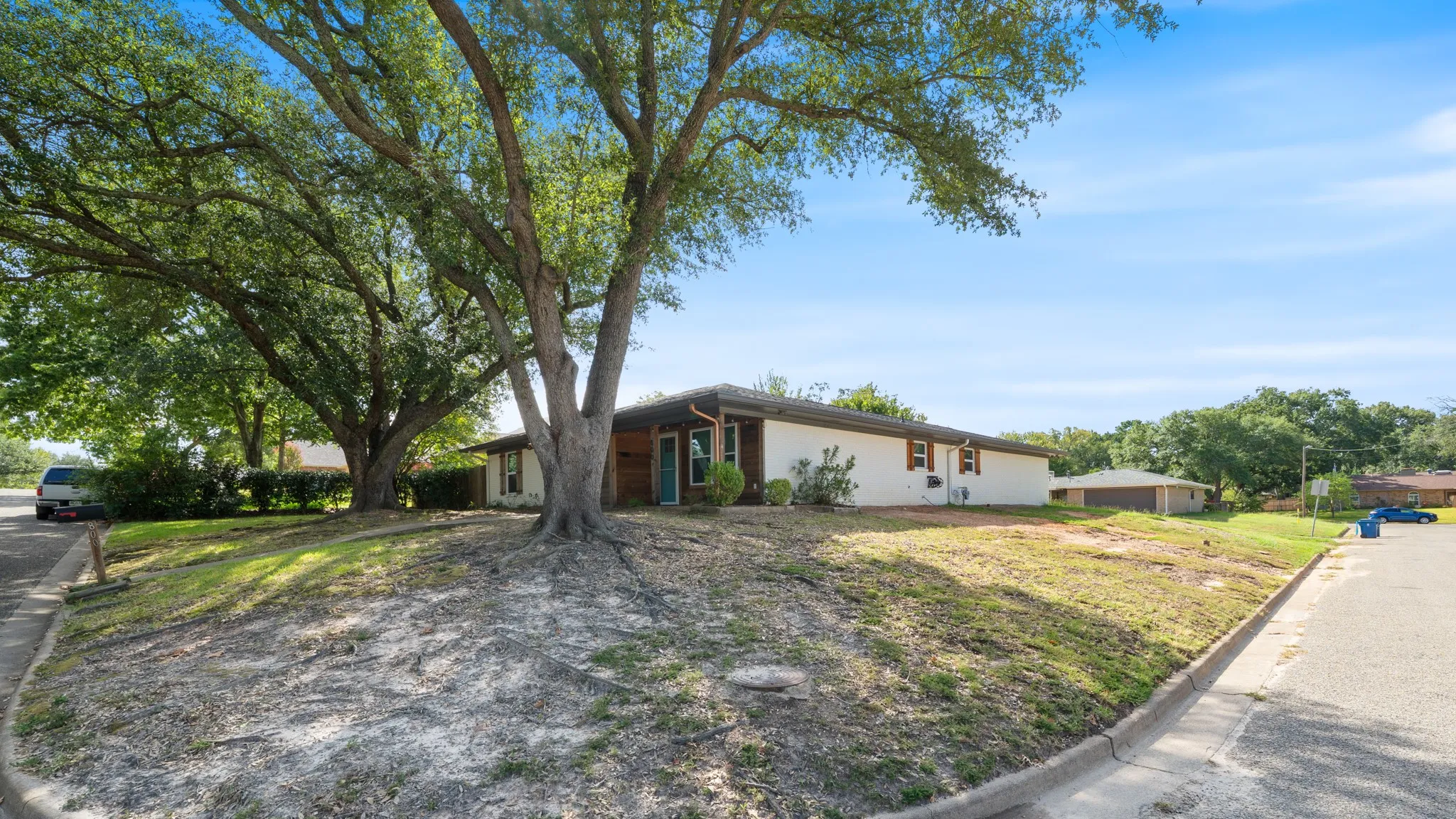 Ranch-style residence featuring a white exterior, dark trim, and a prominent turquoise front door