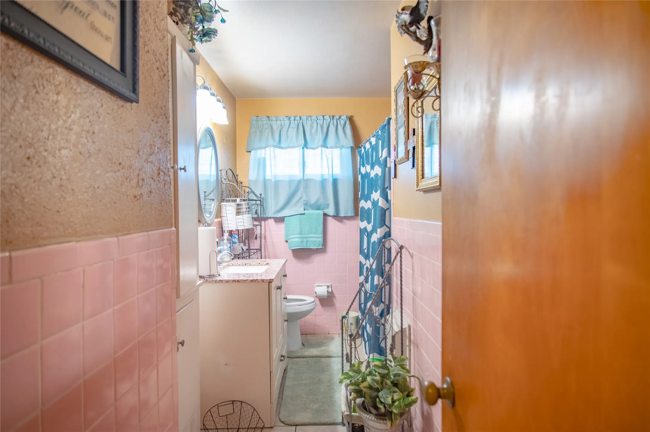 Bathroom featuring pink tile wainscoting, a vanity with a countertop, and a toilet