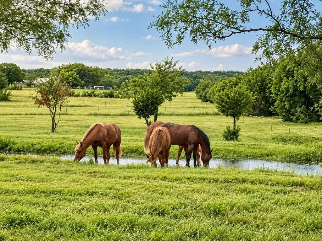 Grazing horses beneath mature trees capture the property’s country setting.