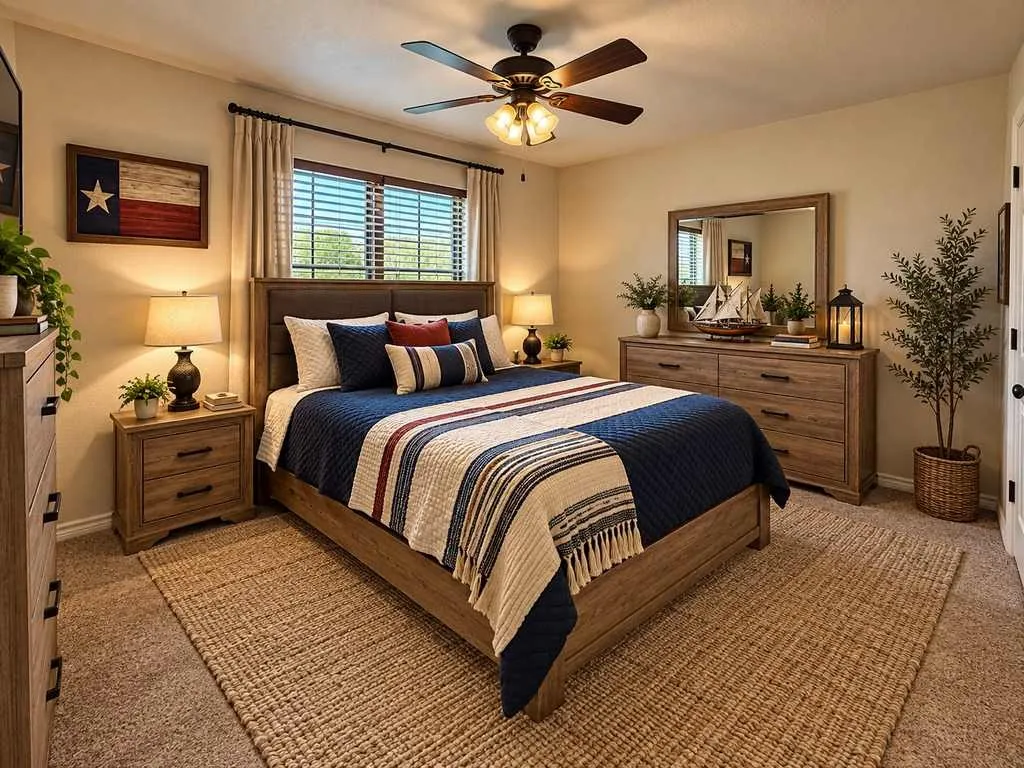 Bedroom with wood accents and natural light.