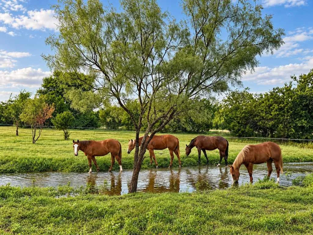 Horses gather near a shaded water area in the pasture