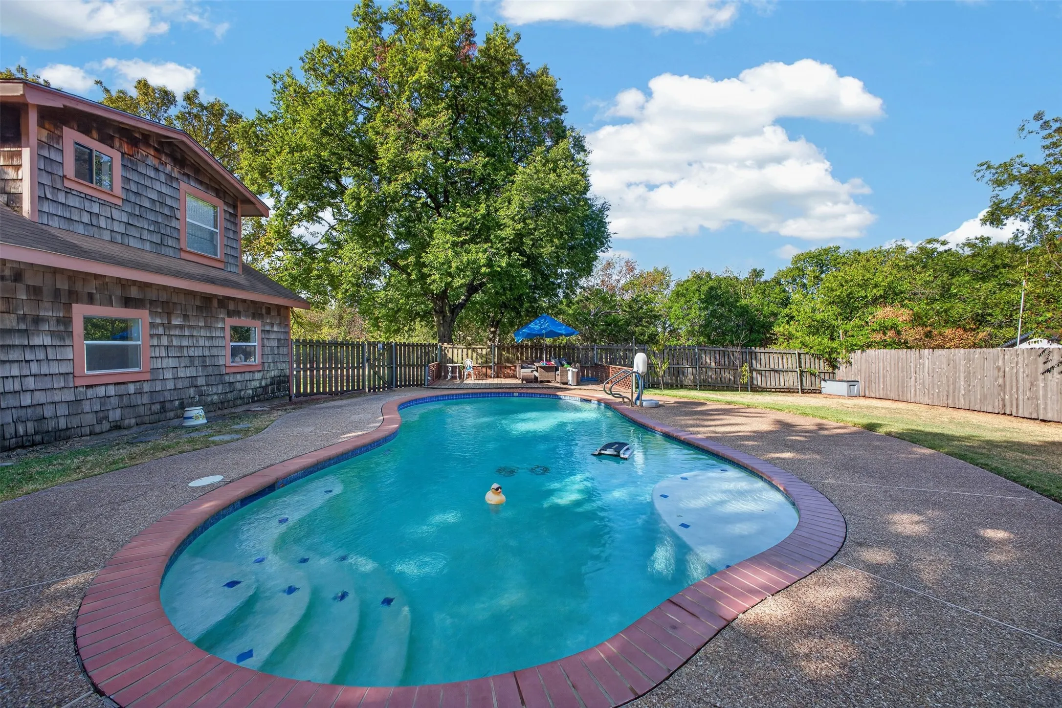 Shingle siding exterior with multiple windows, complemented by an in-ground swimming pool with steps, surrounded by a concrete pool deck and a wood fence