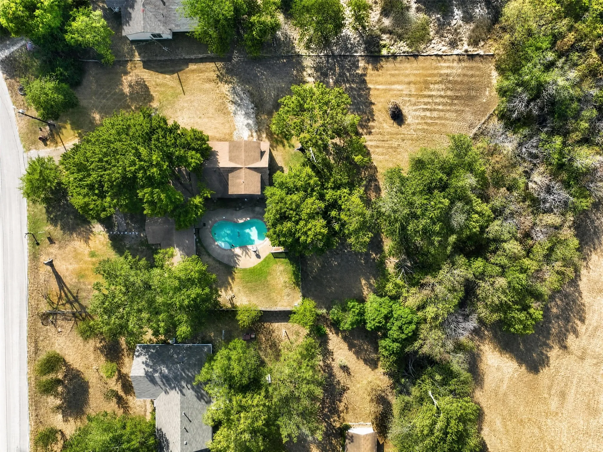 Expansive property featuring a curved swimming pool, mature trees, and a spacious lot