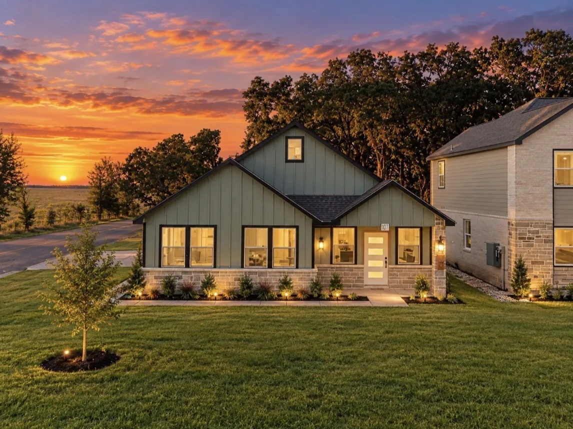 Board-and-batten siding with stone accents