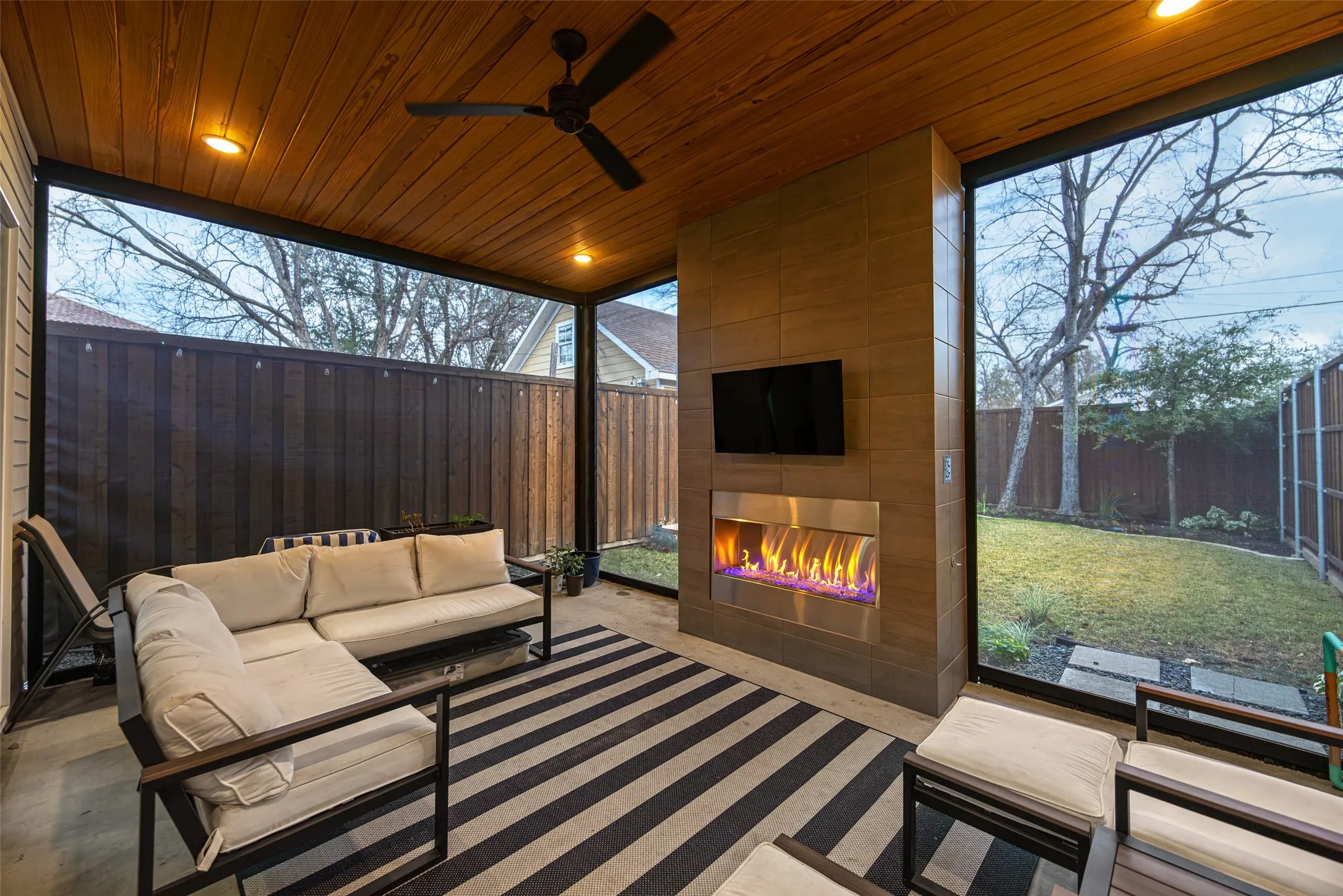 Backyard entertaining, fireplace, watch a game, relax, have friends over
