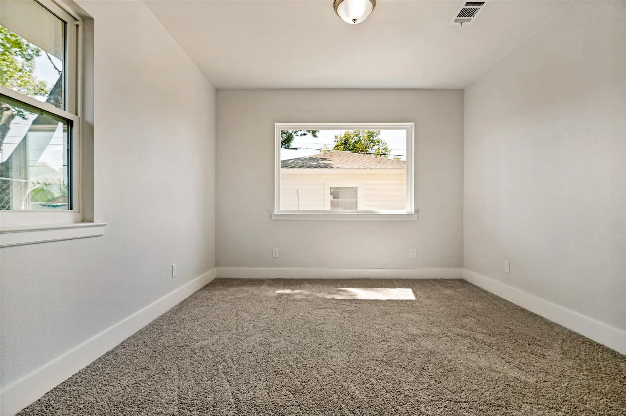 Neutral wall color with two windows, featuring carpeted flooring and a flush-mount ceiling light
