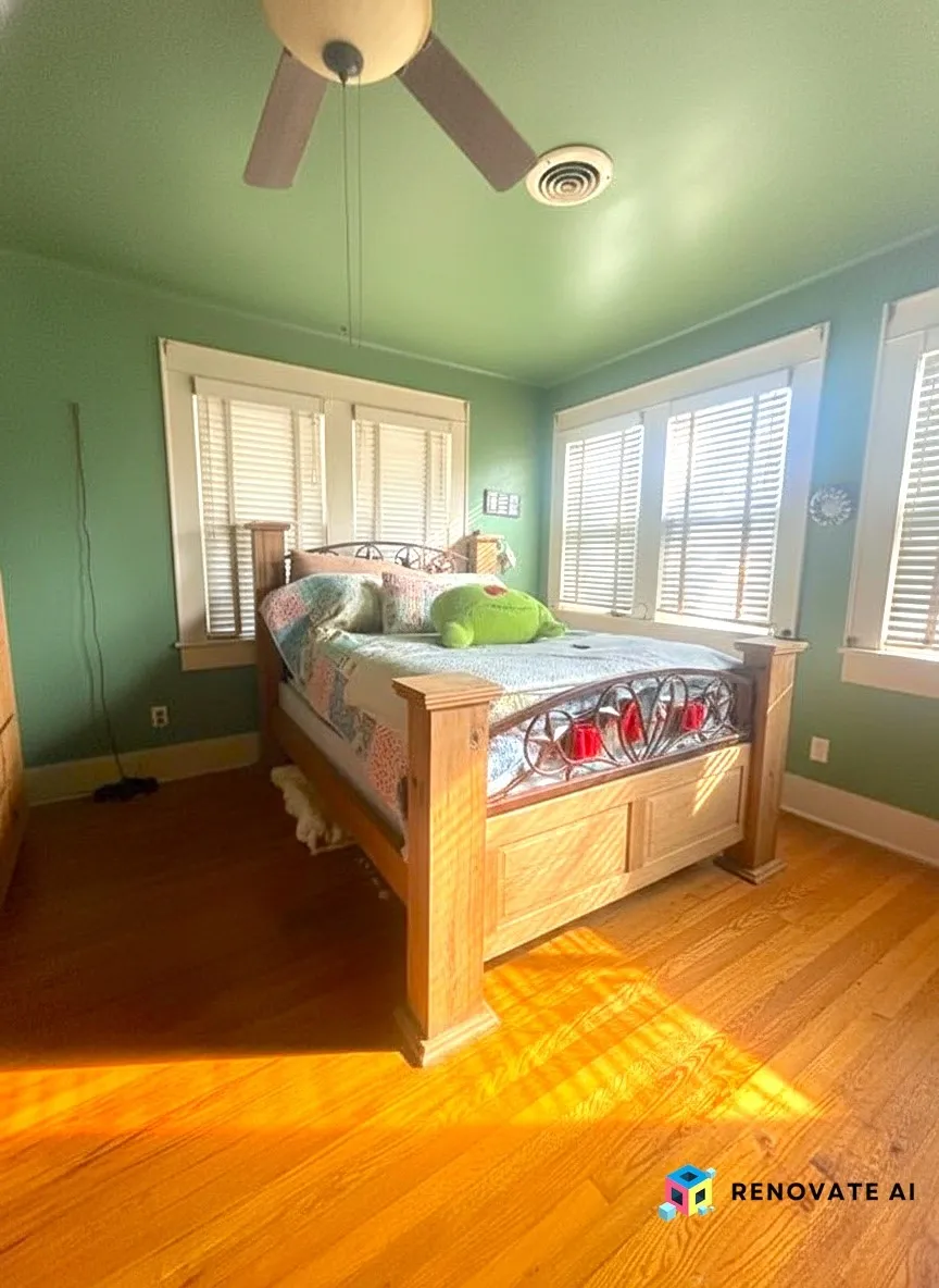 Hardwood flooring, painted walls, ceiling fan, multiple windows with blinds, and white trim work
