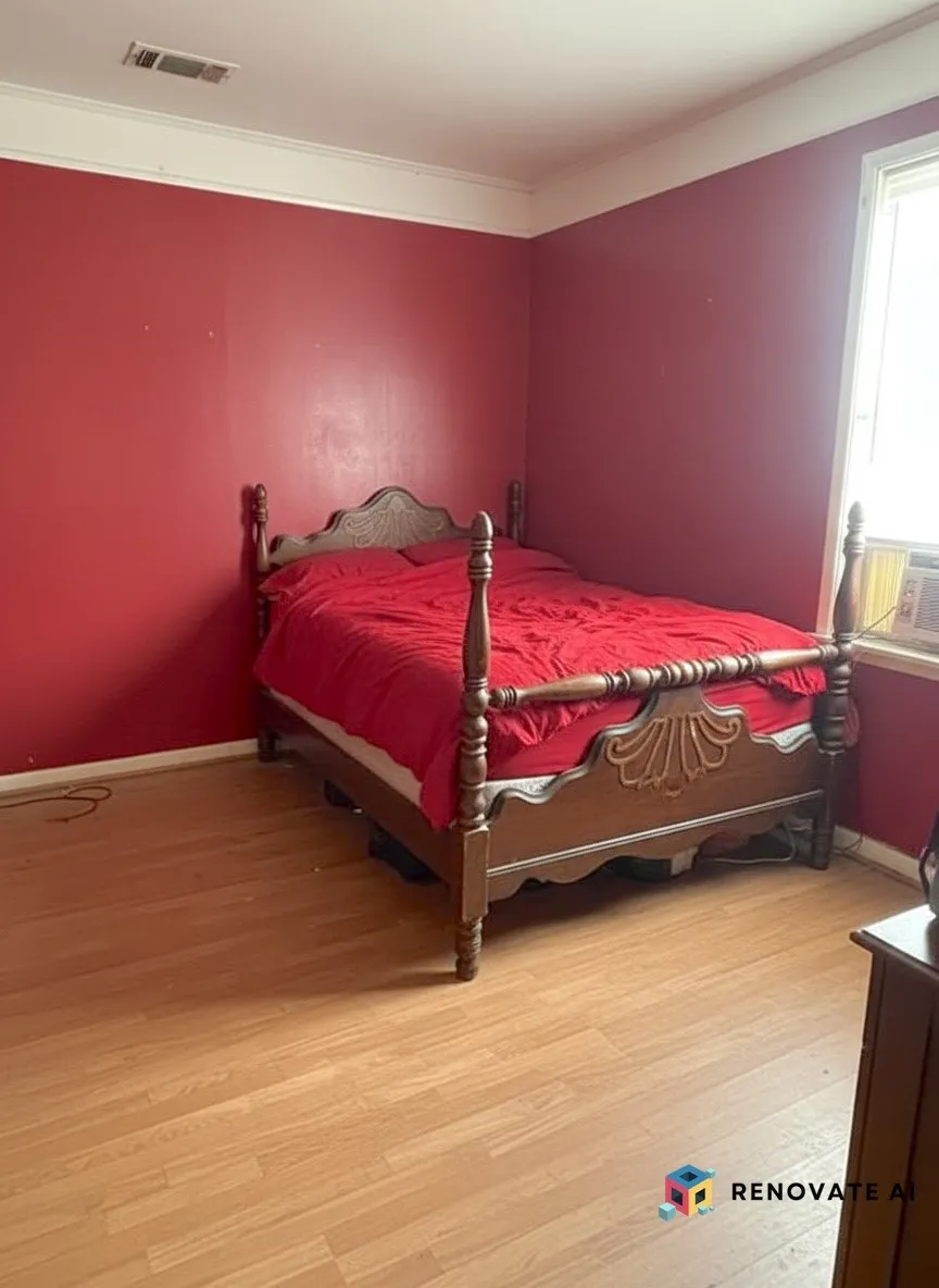 Wood-finish flooring with red walls and white crown molding