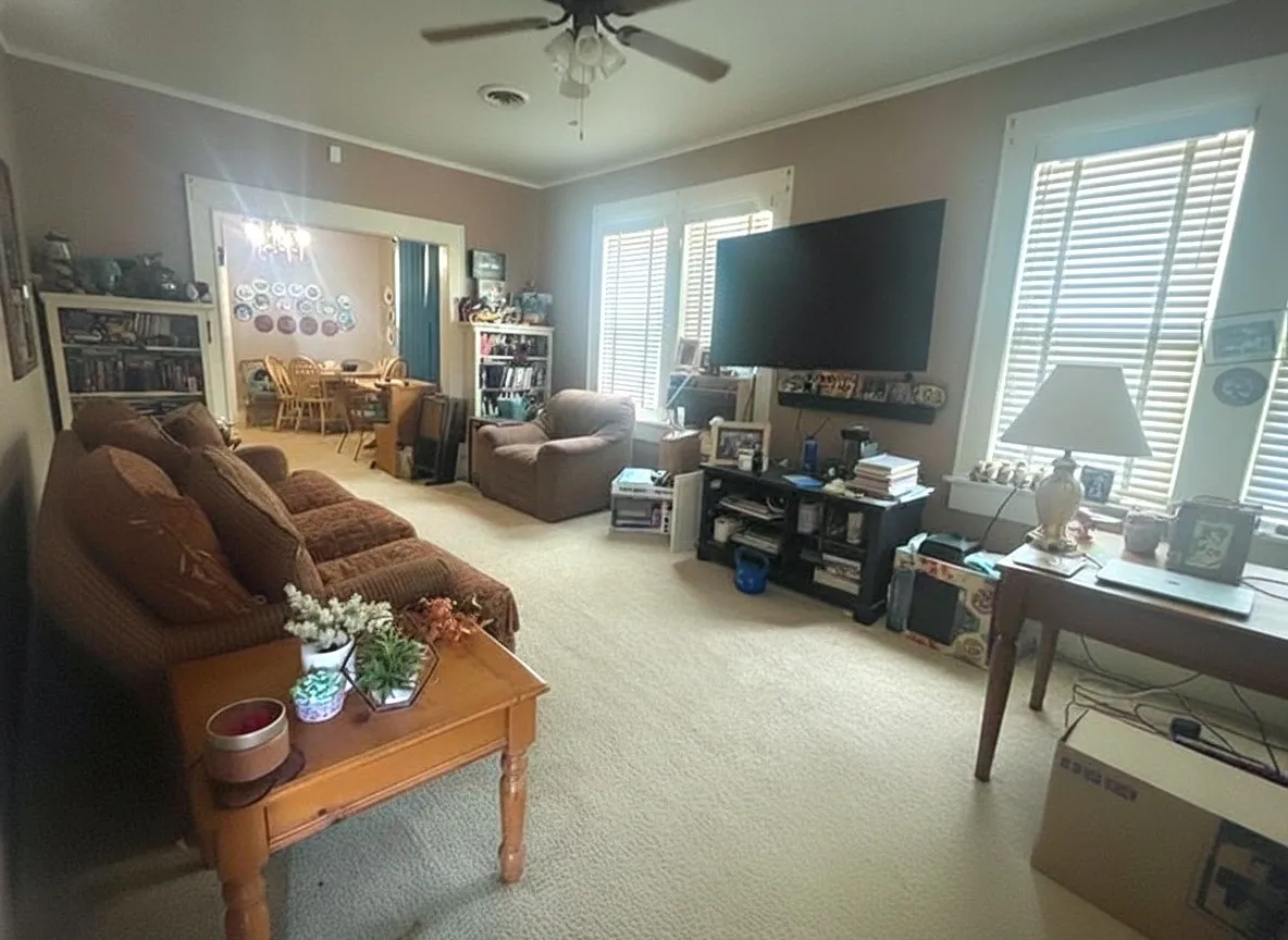 Carpeted living space featuring a ceiling fan, multiple windows with blinds, and an open doorway leading to an additional area