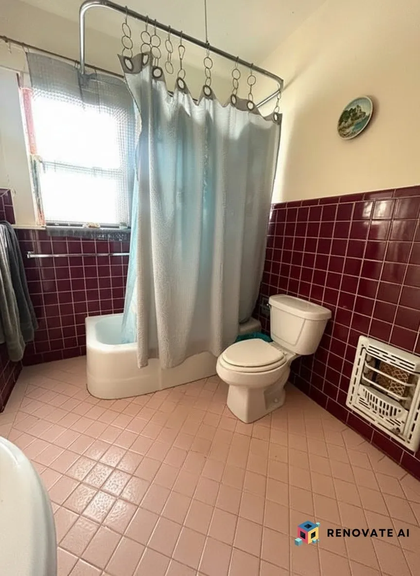 Bathroom with a white bathtub, toilet, and pink tiled flooring
