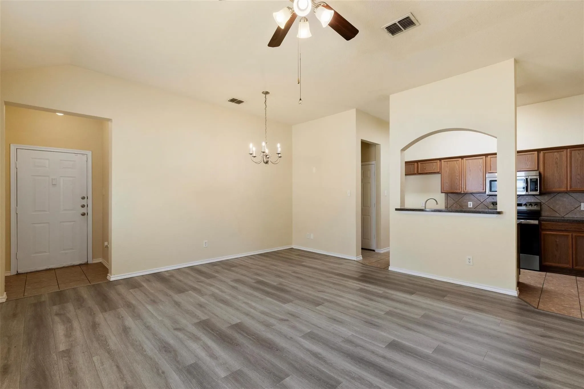 Wood-finish flooring throughout the main living area