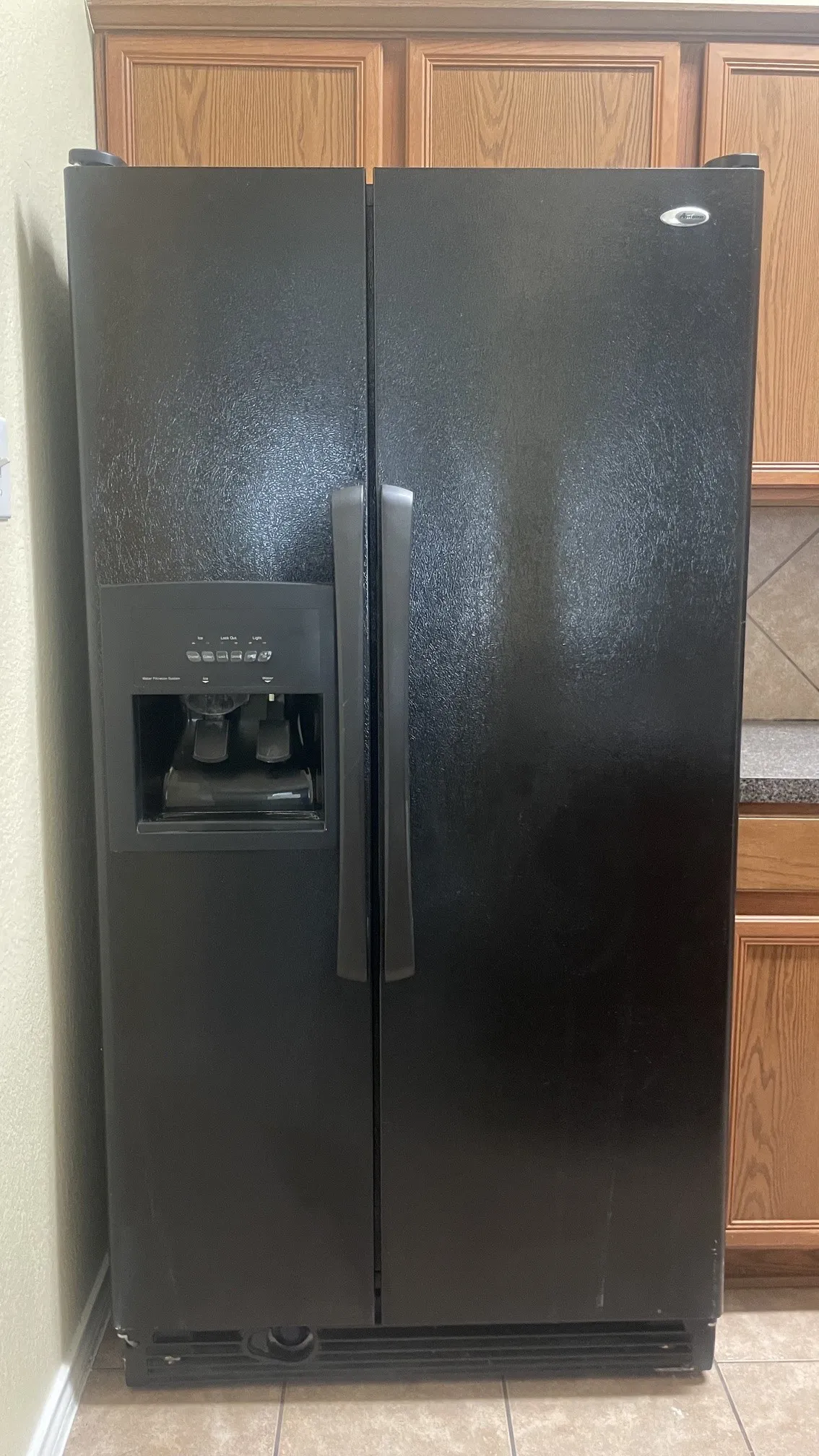 Black side-by-side refrigerator with an integrated ice and water dispenser, complemented by light wood-finish cabinetry and a neutral tile floor
