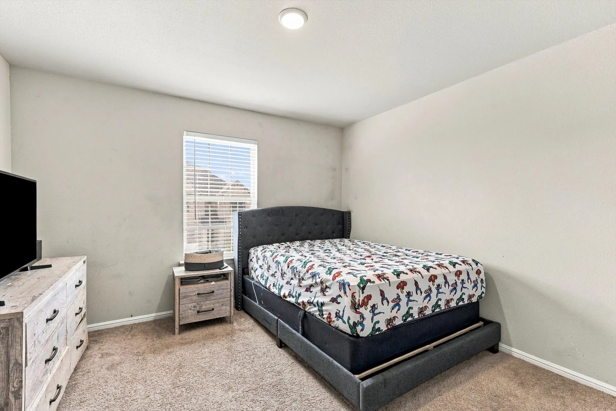 Recessed ceiling lighting, neutral wall paint, and carpet flooring
