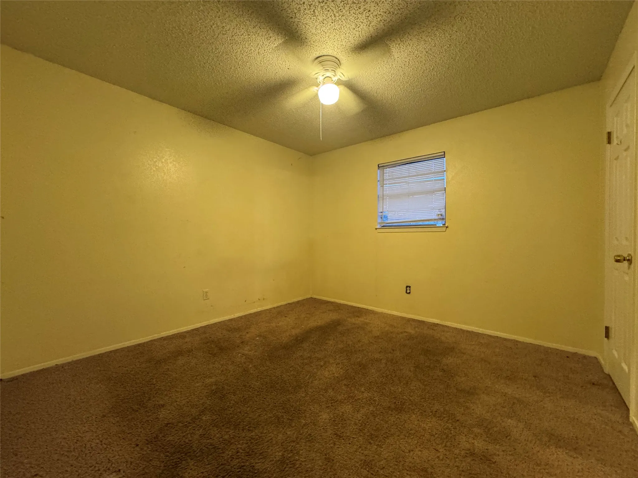 Carpeted room featuring a ceiling-mounted light fixture, a window with horizontal blinds, and a white interior door