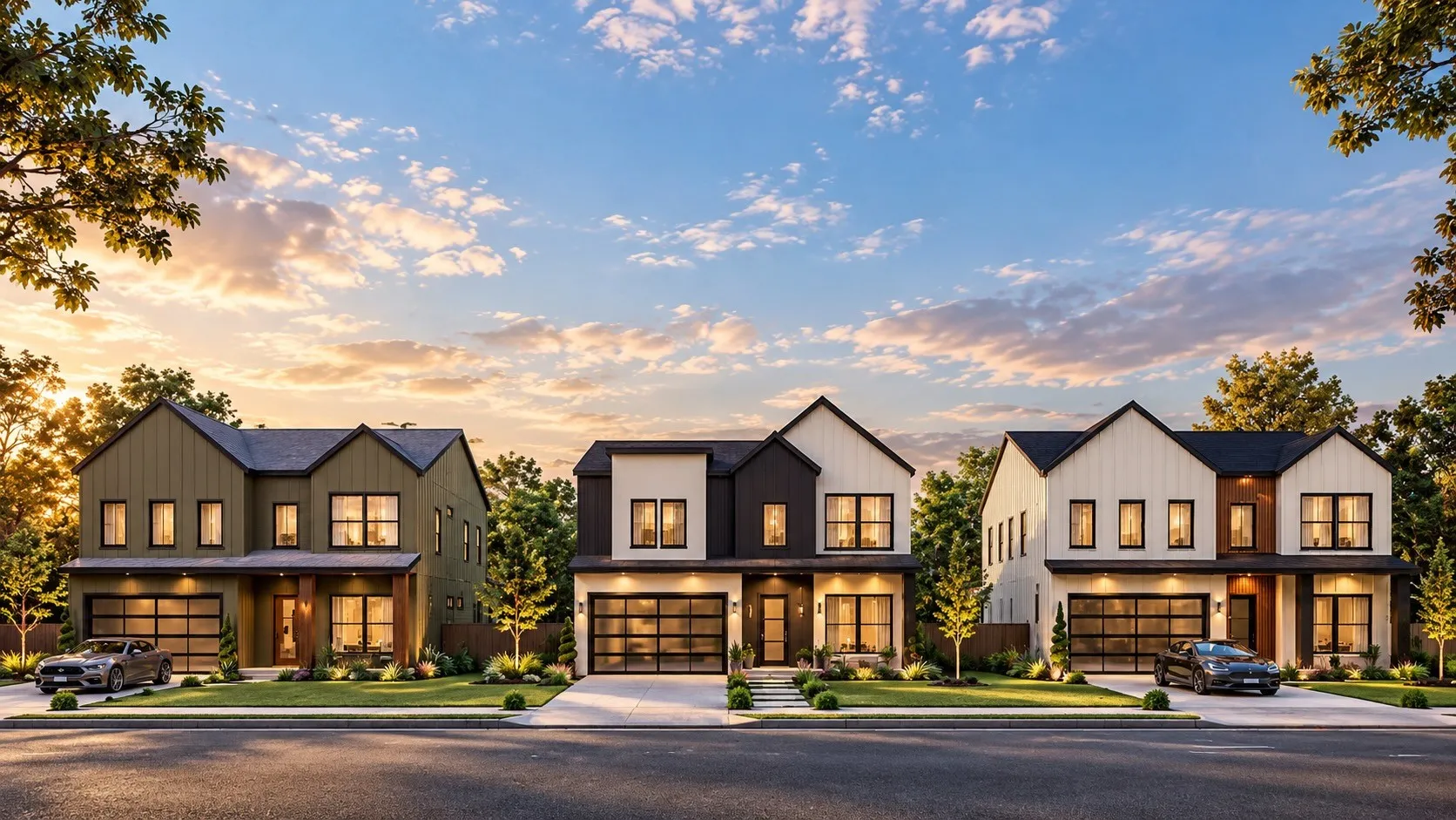 Exterior Front Elevation Rendering - 3 Homes under construction on Nolte Dr. 1134 Nolte is on the far right, 1130 Nolte is in the middle and 1126 Nolte is on the far left. Targeted completion for 1134 and 1130 Nolte is December 2026. Targeted completion for 1126 Nolte is going to be 1st quarter 2027