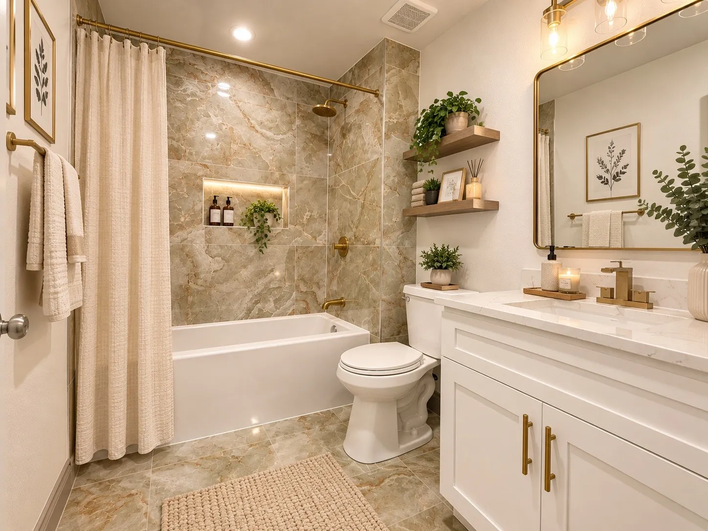 Virtually Staged
Full-height stone-finish wall tile, built-in shower niche with accent lighting, white vanity with stone countertop, gold-finish fixtures, and a rectangular mirror