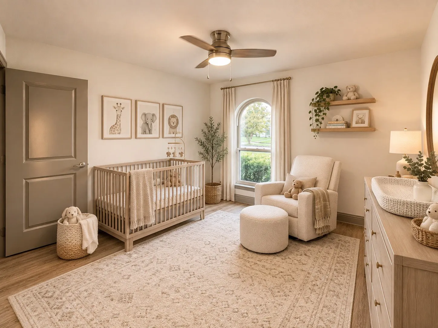 Virtually Staged Wood-finish flooring, ceiling fan with integrated lighting, arched window with natural light, built-in shelving, and a solid-panel door