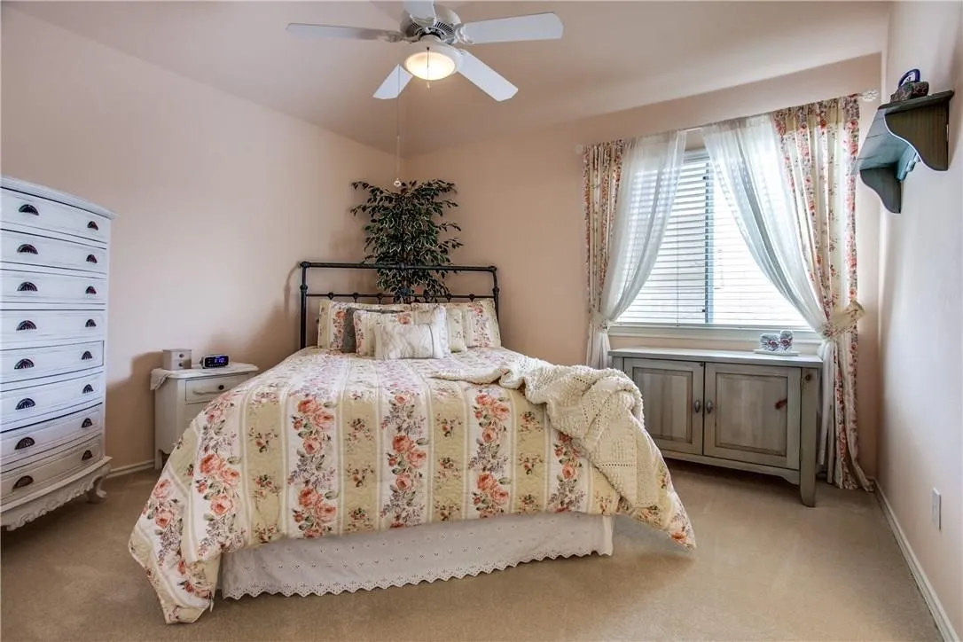 Ceiling fan with integrated lighting, window with blinds, and neutral carpeting