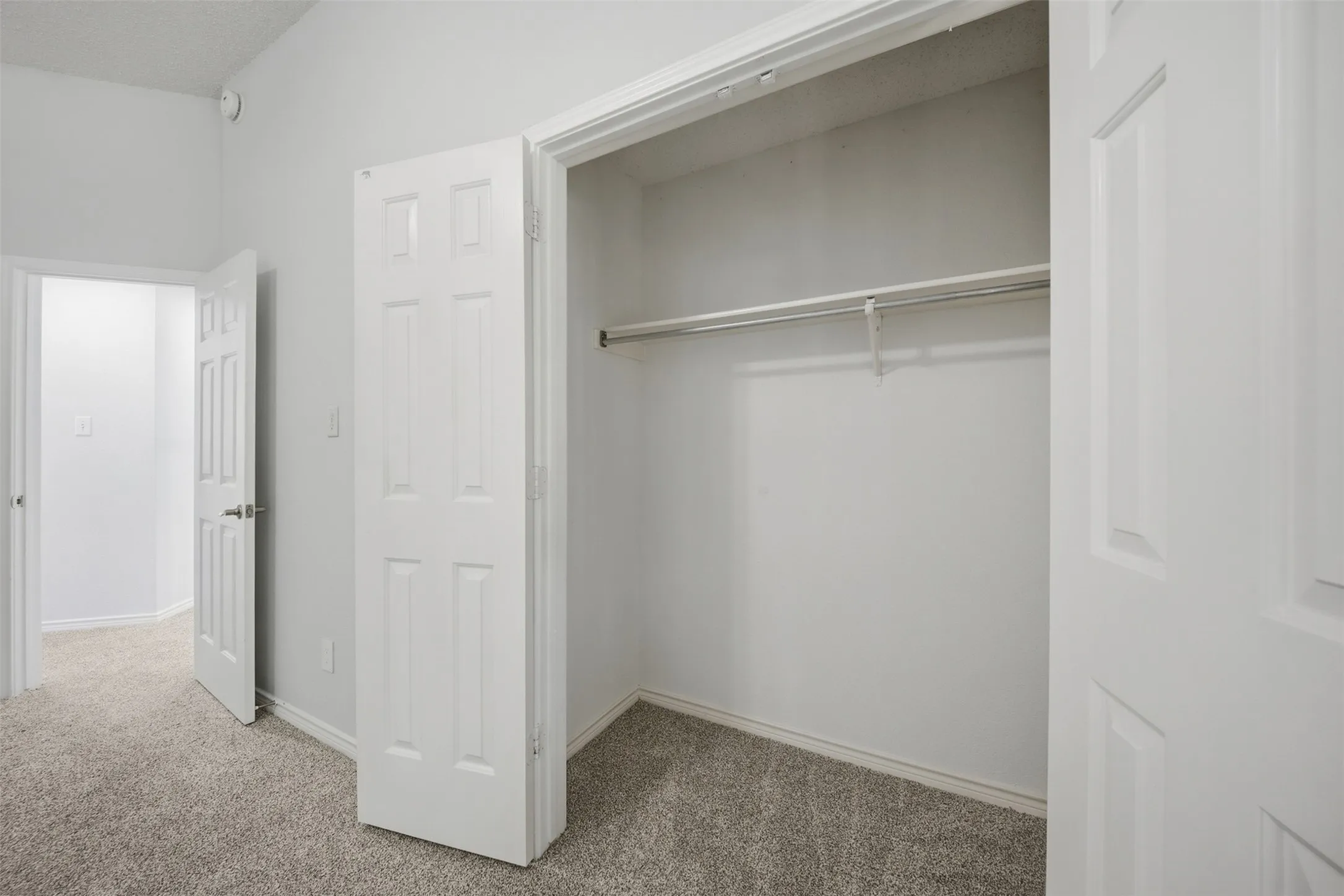 Closet with hanging rod, paneled doors, and carpet flooring