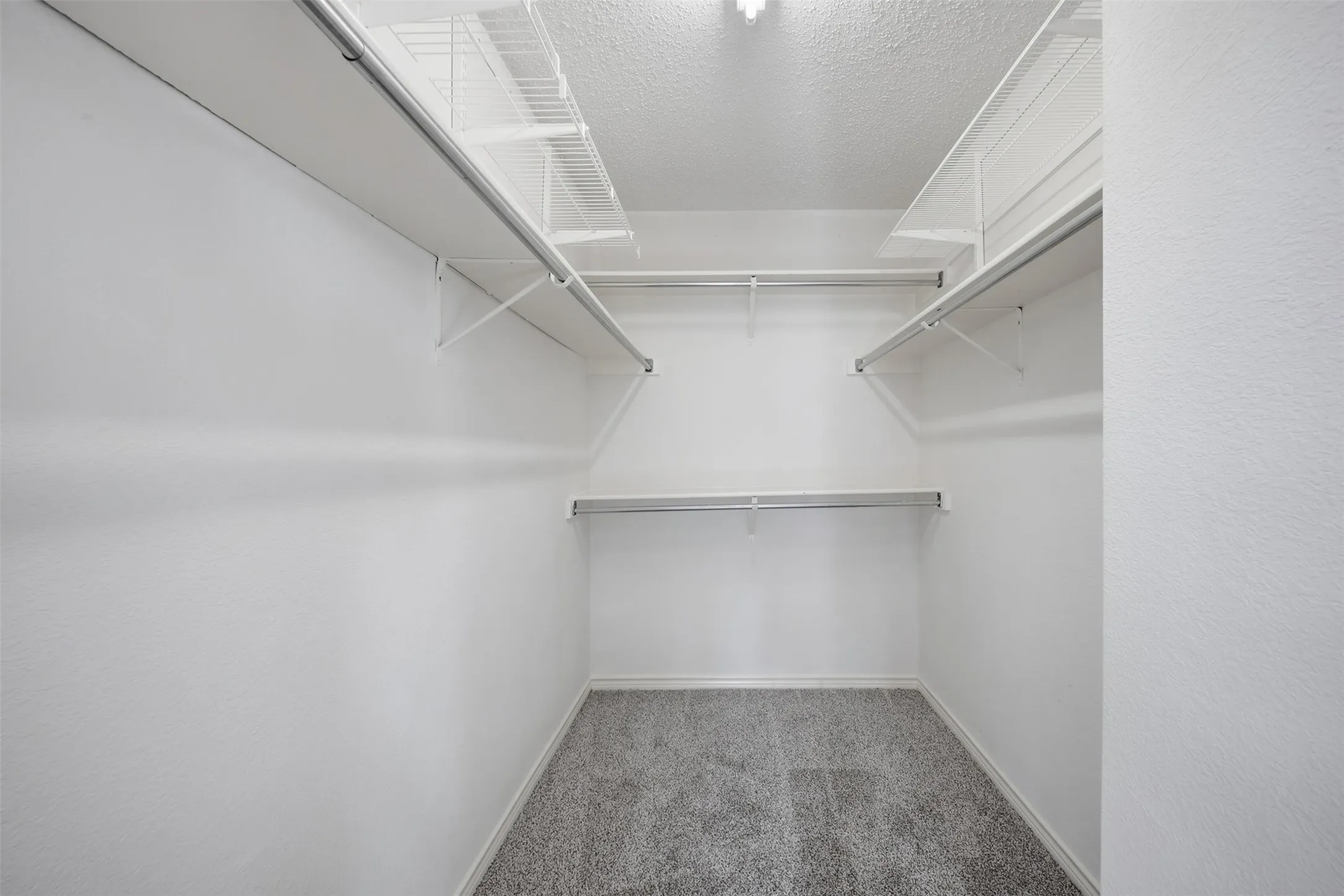 Walk-in closet with carpeted flooring, white walls, and built-in wire shelving