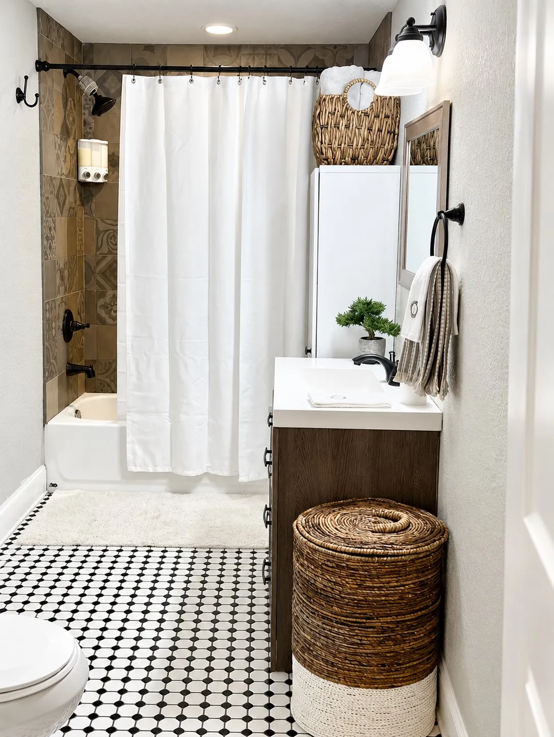 Bathroom featuring black and white octagon tile flooring and a bathtub with tiled surround