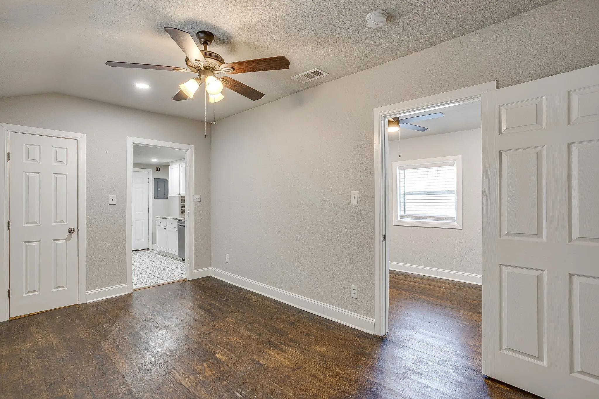 Wood-finish flooring with white trim