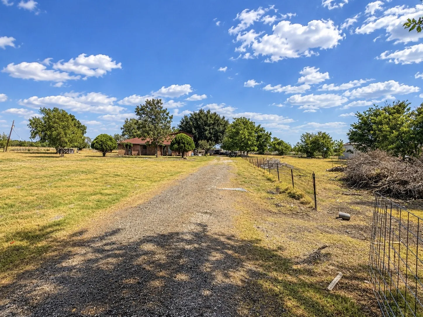 Gravel driveway with a partial fence line and scattered mature trees