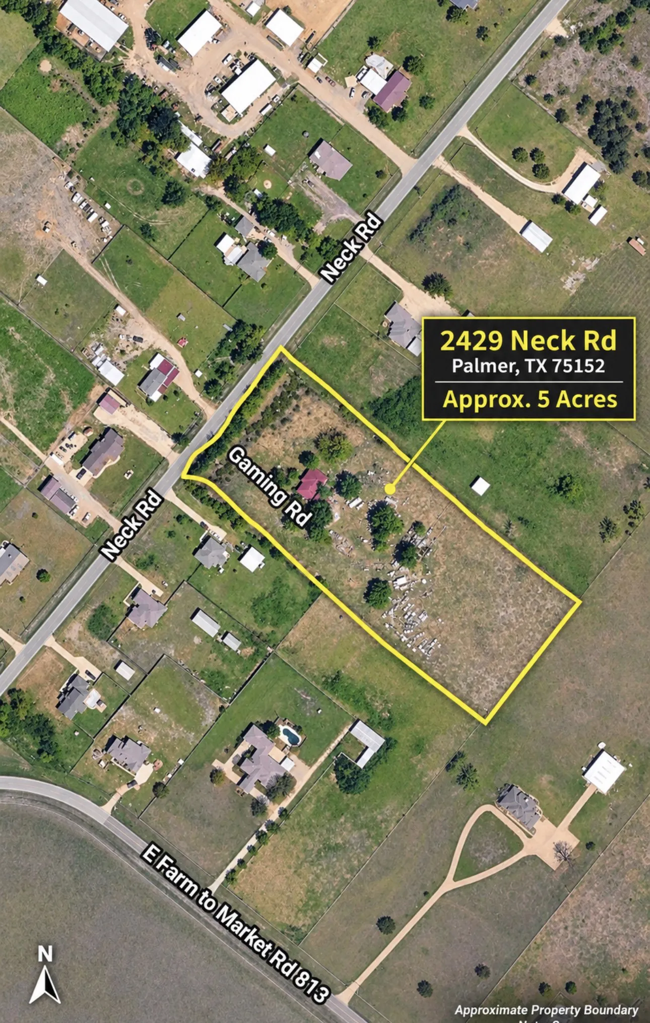 Aerial Map. Displaying the property at 2429 Neck Rd, Palmer, TX 75152 with an approximate area of 5 acres