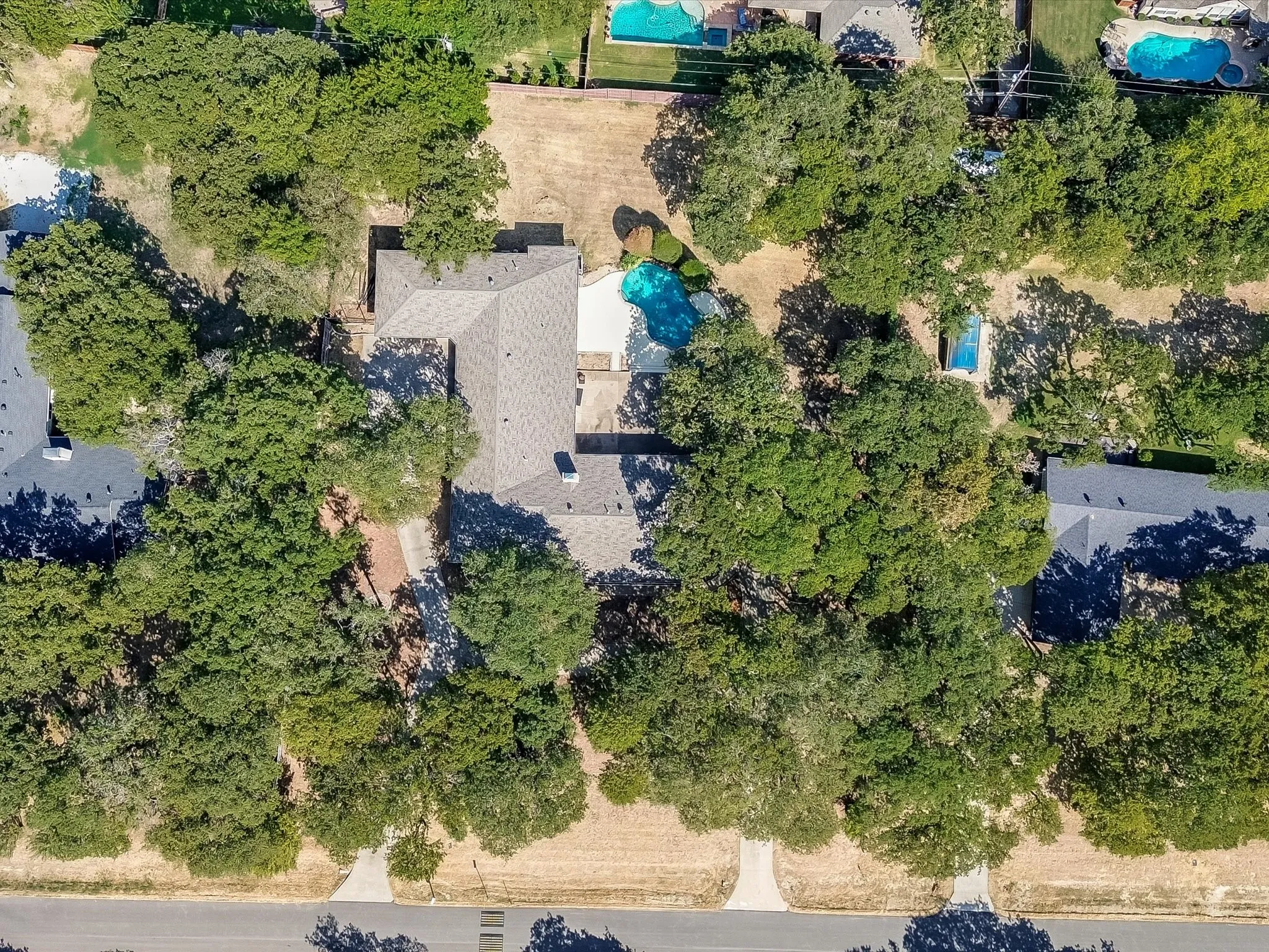 Property featuring a shingled roof, a swimming pool, and extensive mature trees