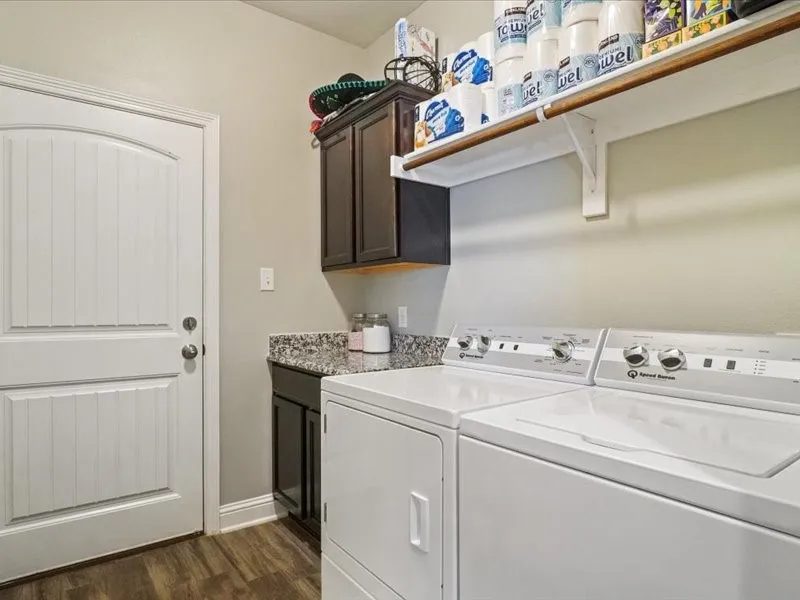 Wood-finish flooring with a paneled interior door