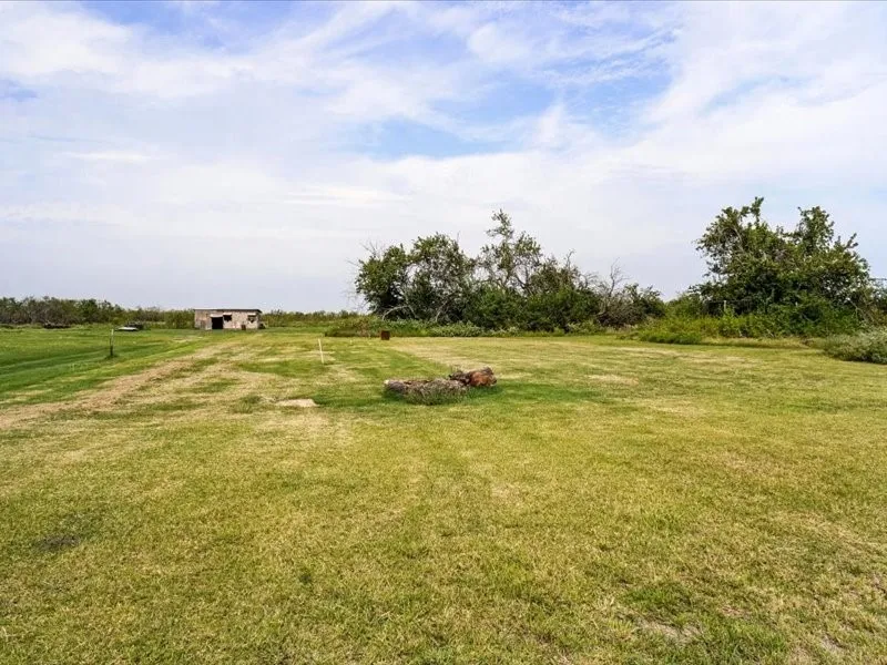 Expansive grass area with distant structure and surrounding foliage